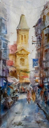 Abbas Kamangar, 11 x 28 Inch, Water Color on Paper, Citycape Painting, AC-AK-003