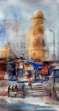 Abbas Kamangar,10 x 20 Inch, Water Color on Paper, Citycape Painting, AC-AK-005