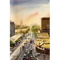 Sarfraz Musawir, Shahrah-e-Faisal Karachi, Watercolor, 15x22 Inch,Cityscape Painting