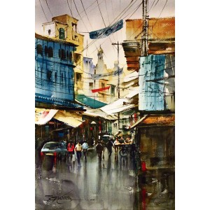 Sarfraz Musawir, Walled City Lahore II, Watercolor, 15x22 Inch,Cityscape Painting