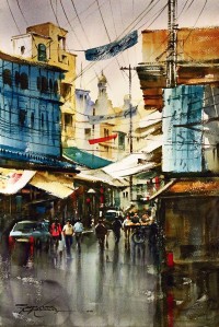 Sarfraz Musawir, Walled City Lahore II, Watercolor, 15x22 Inch,Cityscape Painting