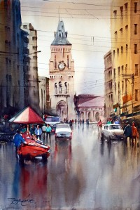 Sarfraz Musawir, Empress Market Karachi, Watercolor , 15x22 Inch, Cityscape Painting 