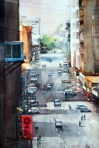 Sarfraz Musawir, Abdullah Haroon Road Karachi, Watercolor, 15 x 22 Inch,Cityscape  Painting, AC-SAR-035(EXB-011)