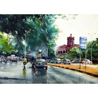 Sarfraz Musawir, Mall Road Lahore, Watercolor, 22x30 Inch,Cityscape Painting