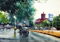 Sarfraz Musawir, Mall Road Lahore, Watercolor, 22x30 Inch,Cityscape Painting