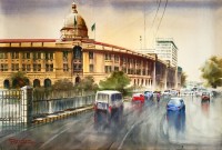 Sarfraz Musawir, Karachi Port Trust Building, Watercolor, 27x40 Inch,Cityscape, Painting, AC-SAR-043(EXB-019)