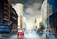 Sarfraz Musawir, Habib Bank Karachi I, Watercolor, 27x40 Inch,Cityscape Painting, AC-SAR-044(EXB-020)