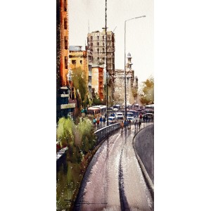 Sarfraz Musawir, Tower Karachi, Watercolor, 10x22 Inch,Cityscape Painting, AC-SAR-049(EXB-025)