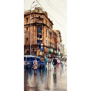 Sarfraz Musawir, Shaikha House Bandar Road Karachi, Watercolor, 10x22 Inch, Cityscape Painting