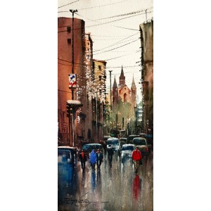 Sarfraz Musawir, Saddar Karachi, Watercolor, 10x22 Inch, Cityscape Painting