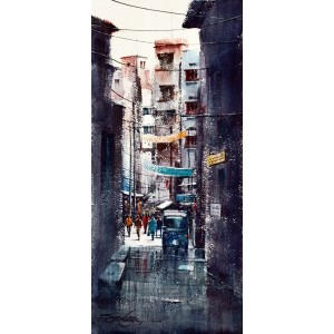 Sarfraz Musawir, Walled City Lahore VII, Watercolor, 10x22 Inch, Cityscape Painting