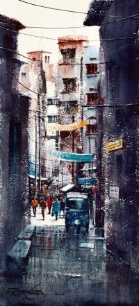 Sarfraz Musawir, Walled City Lahore VII, Watercolor, 10x22 Inch, Cityscape Painting