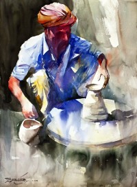Sarfraz Musawir, Potter, Watercolor, 22x30 Inch, Cityscape Painting, AC-SAR-058(EXB-034)