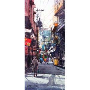 Sarfraz Musawir, Walled City Lahore VIII, Watercolor, 10x22 Inch, Cityscape Painting