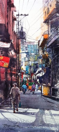 Sarfraz Musawir, Walled City Lahore VIII, Watercolor, 10x22 Inch, Cityscape Painting