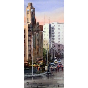Sarfraz Musawir,  EFU General Building Tower Karachi, Watercolor on Paper, 10x22 Inch, Cityscape Painting, AC-SAR-072