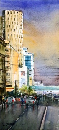 Sarfraz Musawir, Habib Bank Karachi II, Watercolor on Paper, 10 x 22 Inch, Cityscape Painting, AC-SAR-073