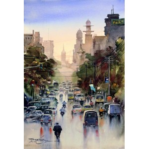 Sarfraz Musawir, Bandar Road Karachi, Watercolor on Paper, 15x22 Inch, Cityscape Painting, AC-SAR-074